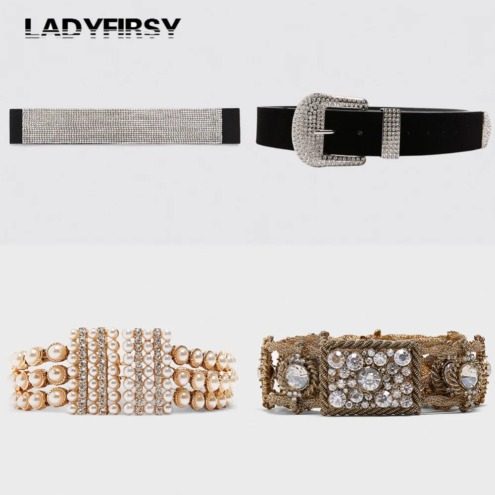 Ladyfirsy Винтаж цветок ZA ремни Женская мода имитация жемчуга платье кристалл Ceinture цепи подарок на день рождения джинсы кожаный ремень