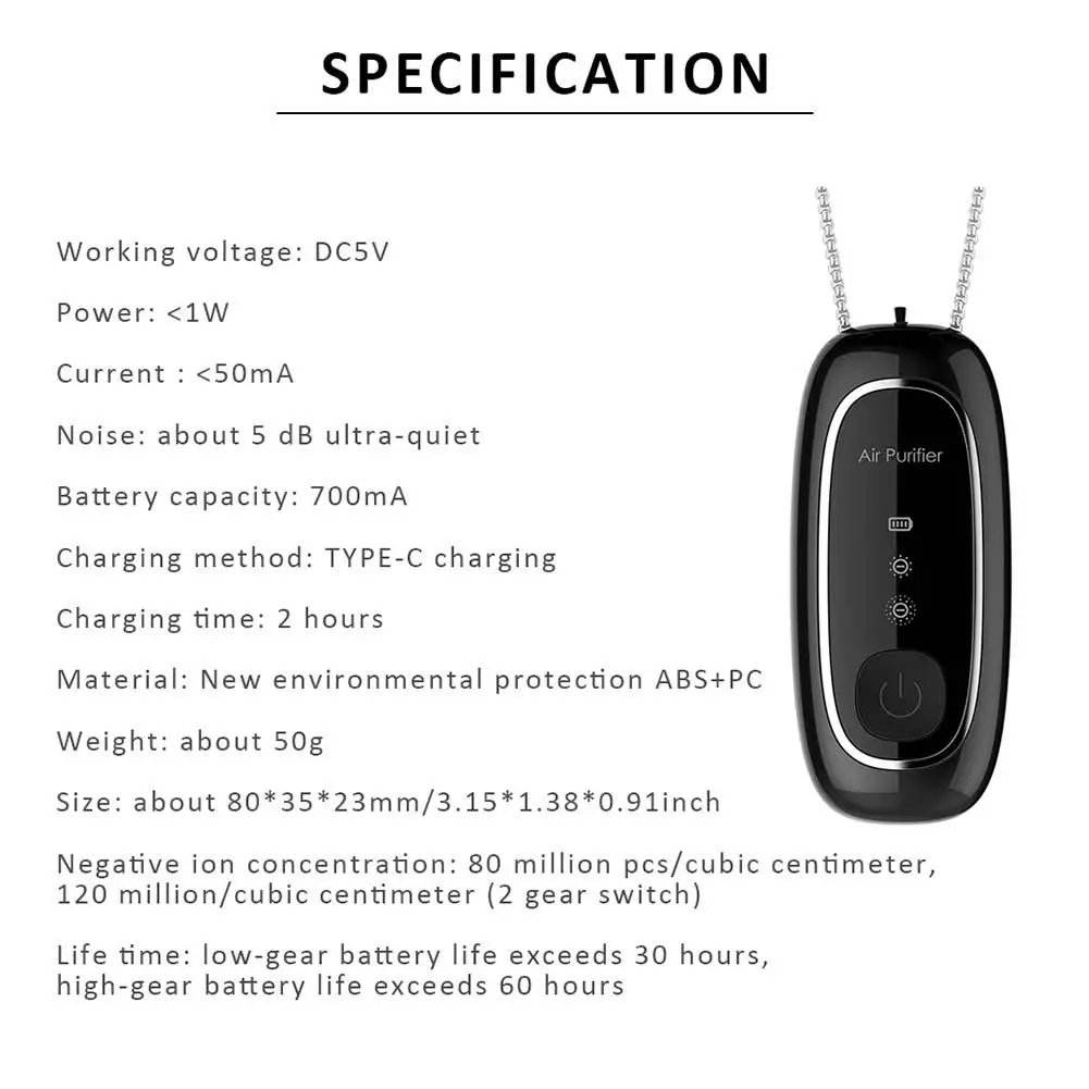 

Air Purifier Necklace USB Portable Negative Ion Air Freshener Mini Ionizer Adsorb Smoke Dust For Adults Kid