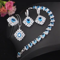 funmode new arrival blue oval cz flower shape pendants wedding bridal jewelry sets for women party accessories wholesale fs108