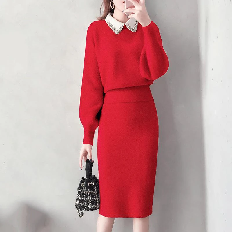 

Women's Knitting skirt suit women's Costume Sweater suit + Slim Skirt Two-Piece Outfits Women