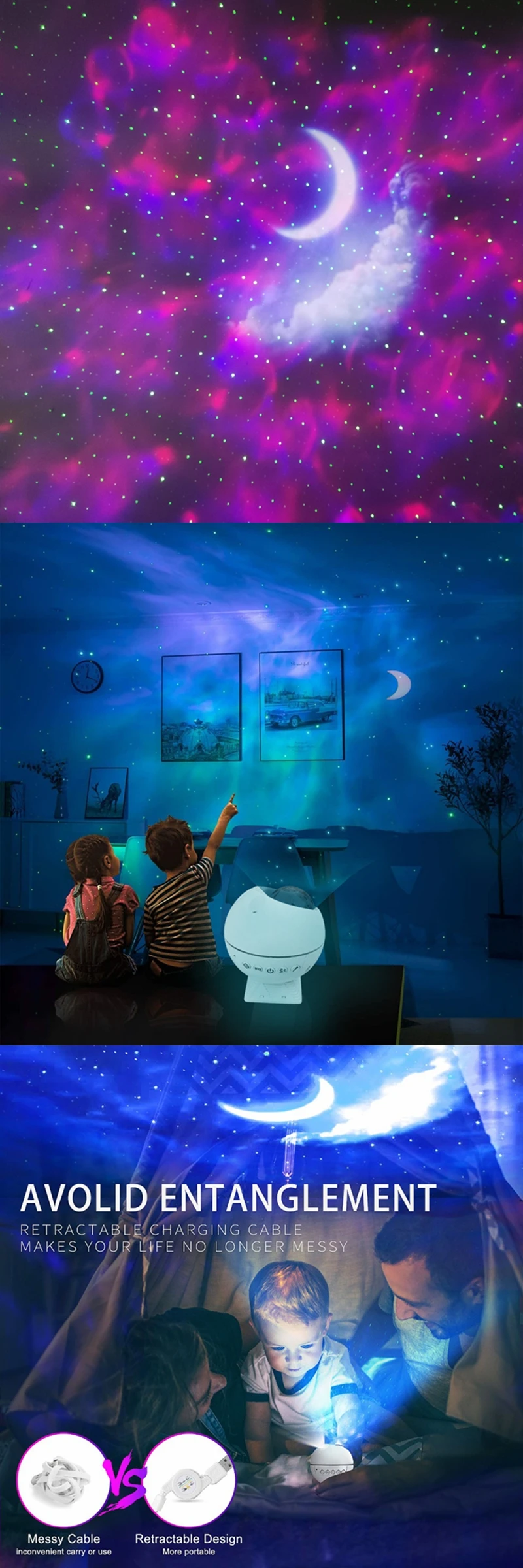 Lâmpada de Controle Luzes do Palco Decoração para Casa Oceano Onda Noite Luz Céu Estrelas Remoto Colorido Festa Criança Presente Ano Novo Led - Lua 6 Led oceano onda lua noite luz céu