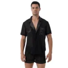 Мужская пижама, прозрачная шифоновая Пижама, атласная черная ночная рубашка в стиле пэчворк с отворотом, топ на пуговицах с коротким рукавом и шорты, штаны