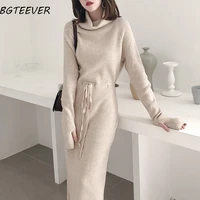 winter thicken turtleneck sweater dress women lace up knitted long dress female knitwear soft vestidos 2021 high quality