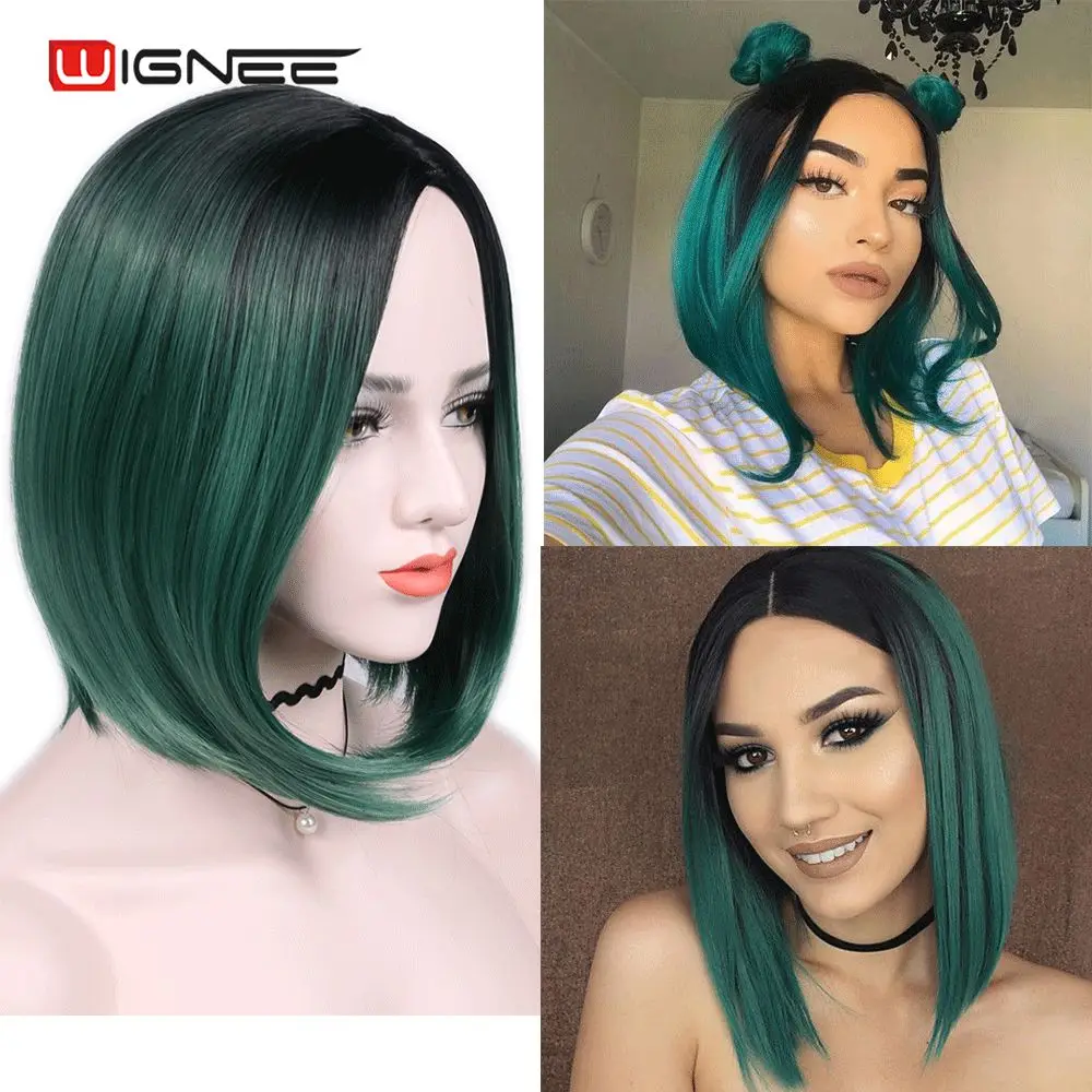 Парики Wignee из коротких прямых волос синтетические 2 тона с эффектом омбре зеленые
