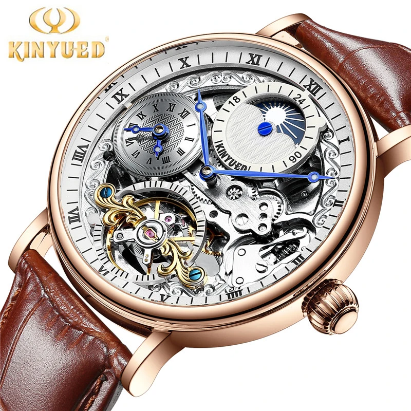 

KINYUED Automatic Watch Men 2021 Fashion Hollow Tourbillon Mechanical Watches Leather Strap Men's Watch Casual Gifts relogio
