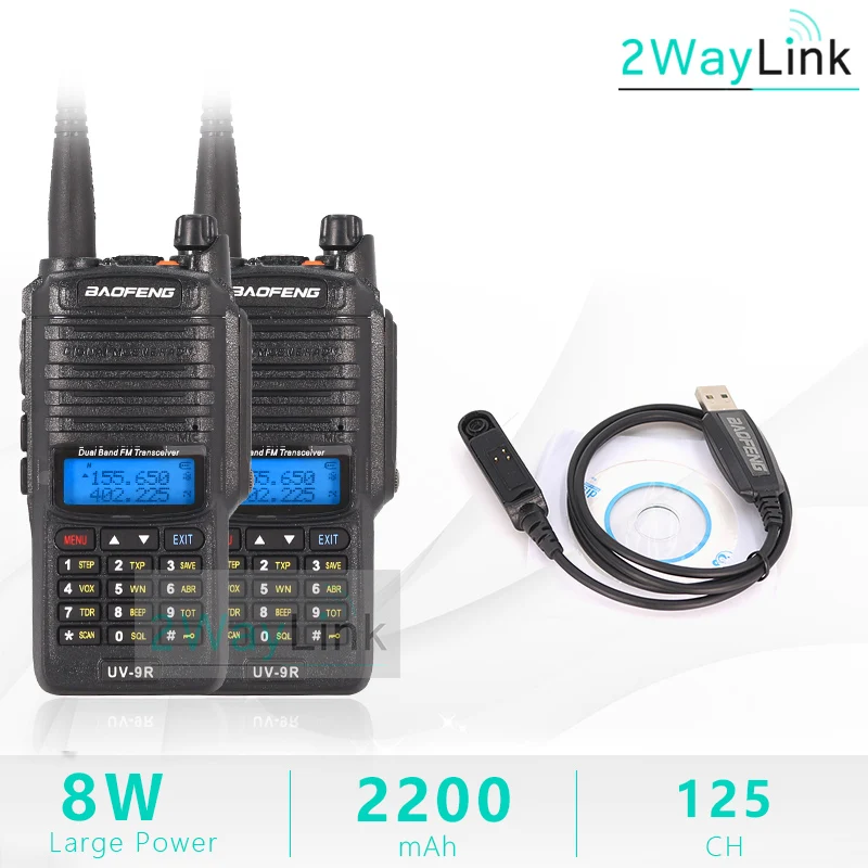 2Black 1Cable Обновление Baofeng UV-9R IP67 Водонепроницаемый УФ Двухдиапазонный 136-174/400-520MHz Ham Радио Baofeng 8 Вт рация 10 км UV-9R плюс UV-XR - Цвет: 2Black 1Cable