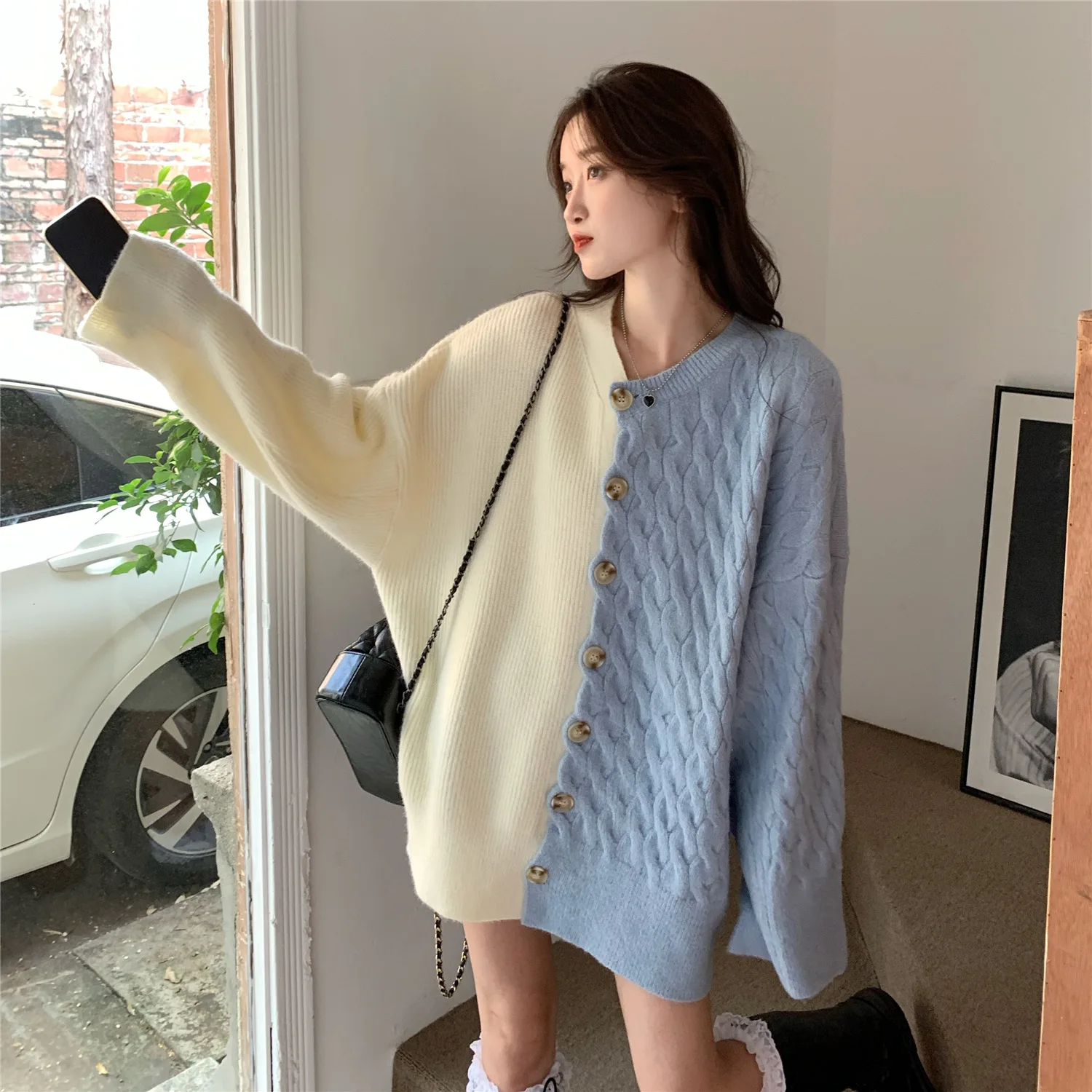 

Ladies Patchwork Sweater Coat Leisure Single Breasted Knitted Cardigan Women Autumn Winter Loose Lantern Sleeve Sweater Cardigan