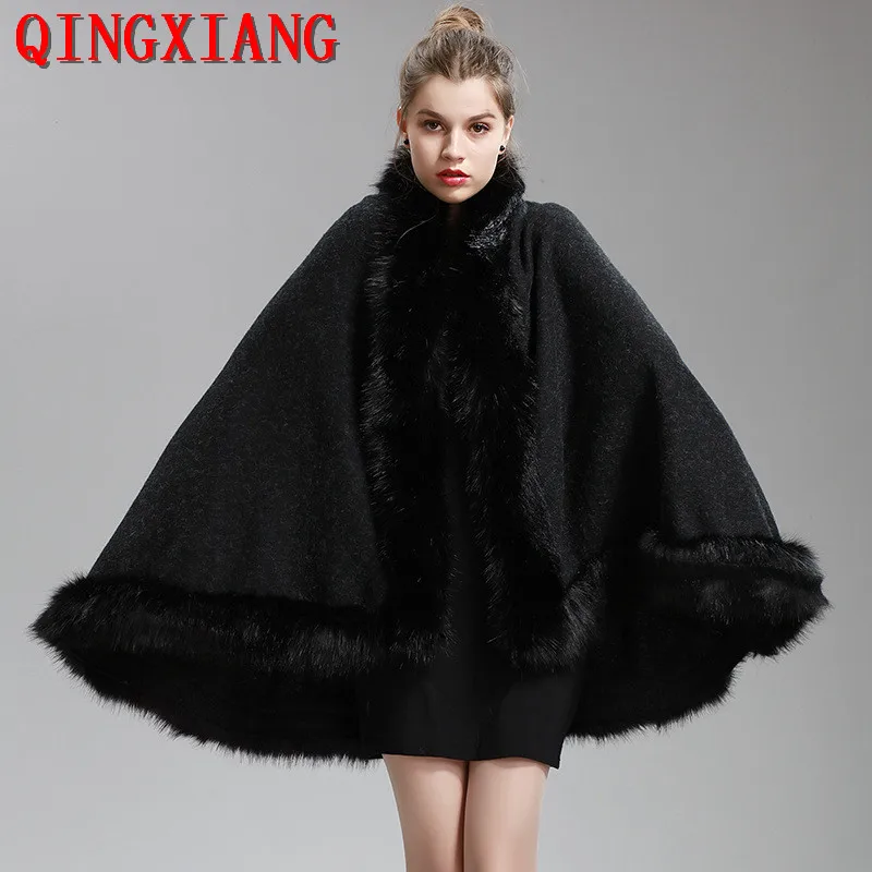 Winter Cape Thick Black Grey Red Loose Coat 2021 Poncho Women Faux Fur Big Collar Plus Size Big Pendulum Dovetail Cardigan