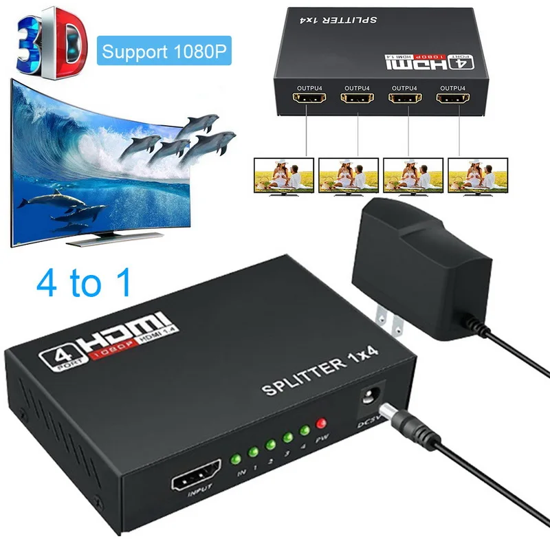 Hdmi сплиттер 1 в 2 out 1080p 4K 1x2 1x4 HDCP Стриппер 3D усилитель сигнала питания HDMI