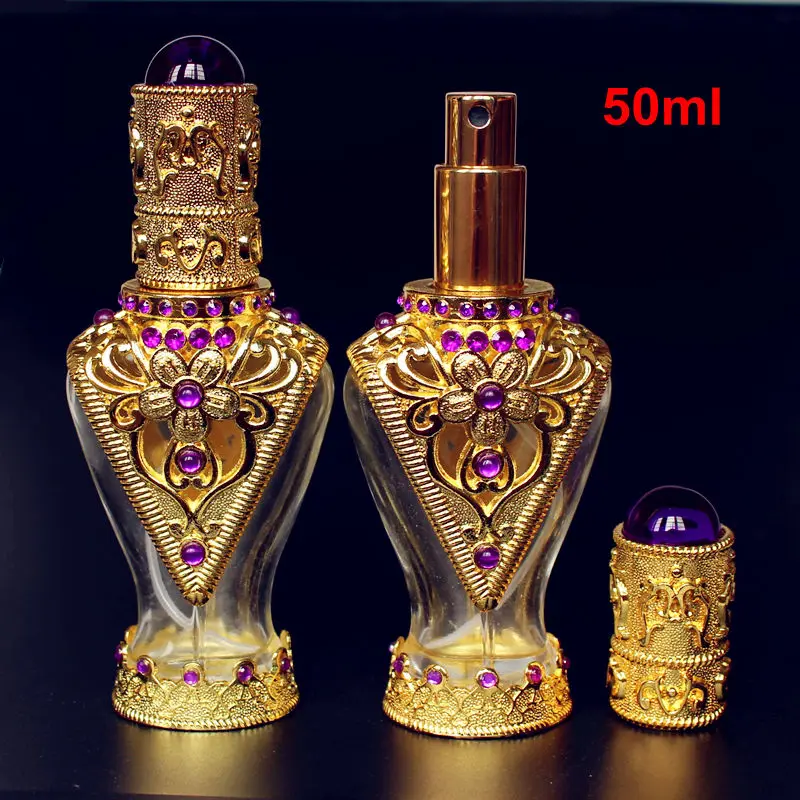 1PC 50ml Big Perfume Bottle Arab Style Glass Spray Bottle Antiqued Retro Hollow Flower Alloy Bottle Wedding Craft Gift