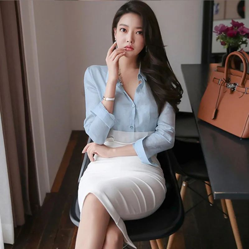 Women Skirt 2 Piece Set Fashion Blue OL Slim Shirt Office Lady Casual and White Bodycon Work Spring Fall New |