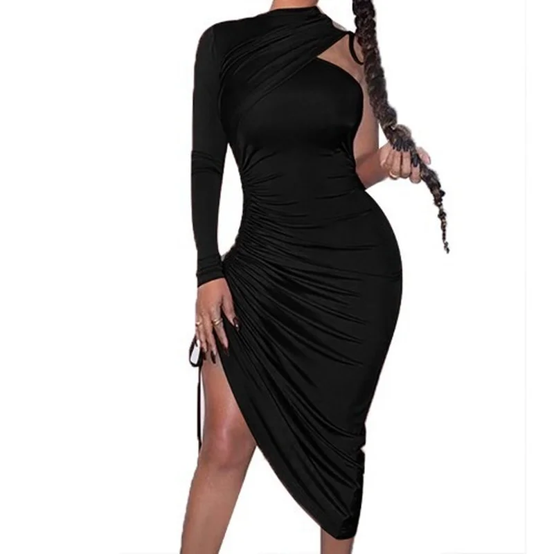 

2021 new one-shoulder strap pleated tight skirt irregular dress summer dress women long sleeve dress strawberry dress summer