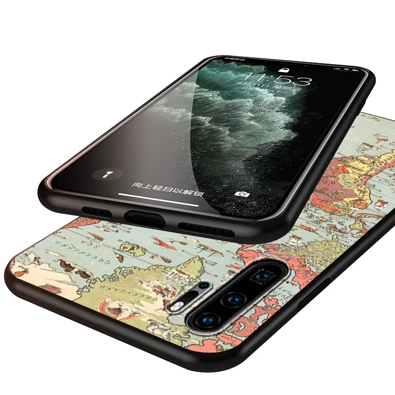 

Map travel For Huawei P40 P30 P20 P10 P9 P8 Lite E mini Pro Plus 5G 2017 2019 Silicone Black Gloss oil not Glass Phone Case