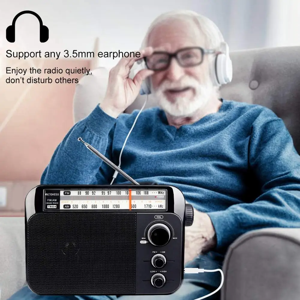 Retekess TR604 FM/AM 2 диапазона черный 2019new Портативный радио от сети переменного тока перезаряженный приемник для пожилых, слуховой поврежденные людей