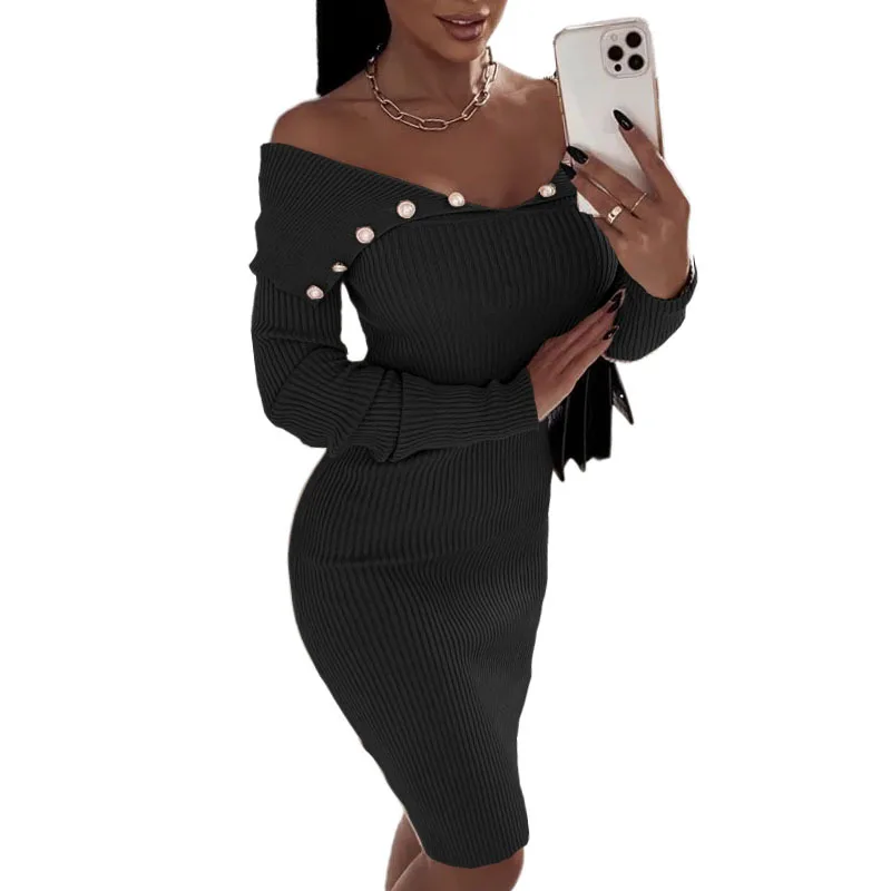 

Elegant Women Knitted Dress Autumn Fashion Sexy Off Shoulder Long-sleeved Slim Mini Dress Vintage Solid Ladies Party Dresses