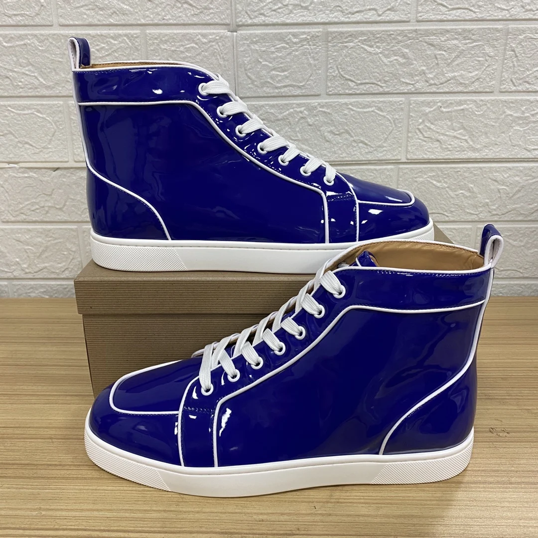 

Men High Top Luxury Sneaker Patent Leather Blue Original Quality Red Bottom Flat Designer Shoes With Box