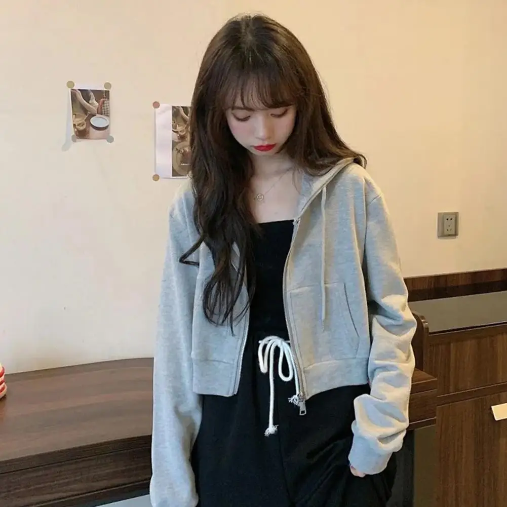 

Women Autumn Solid Color Long Sleeve Zipper Pocket Coat Short Hoodie Crop Top