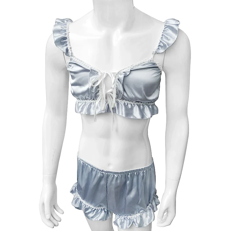 

Frilly Ruffled Mens Sissy Soft Satin Lingerie Set Male Bra Tops with Knickers Bloomers Briefs Underwear Gay Nightwear Clubwear