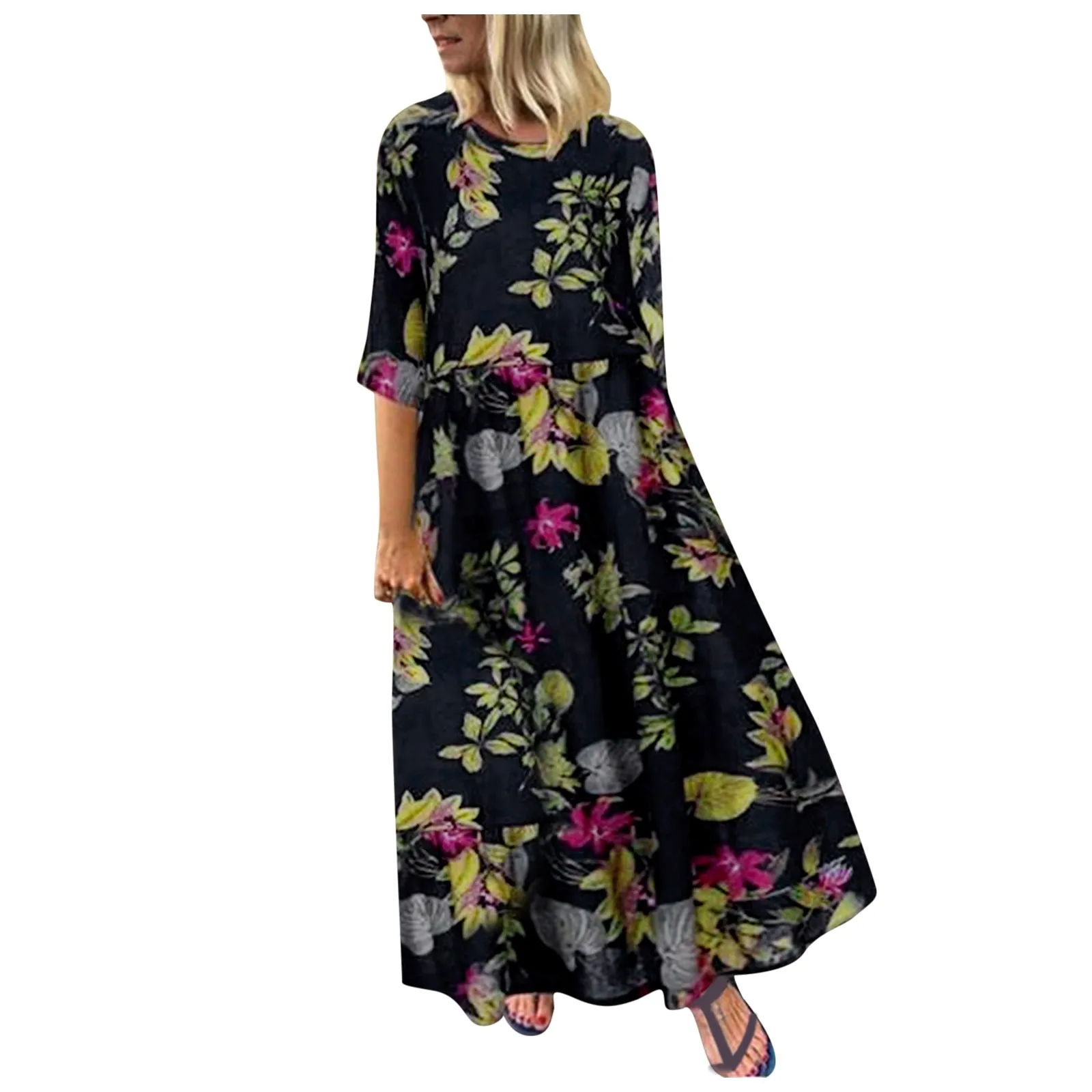 

Summer Dress For Women 2021 Casual 3/4 Sleeve Floral Printed Holiday Bohemian Loose Maxi Dress Female Long Beach Dress