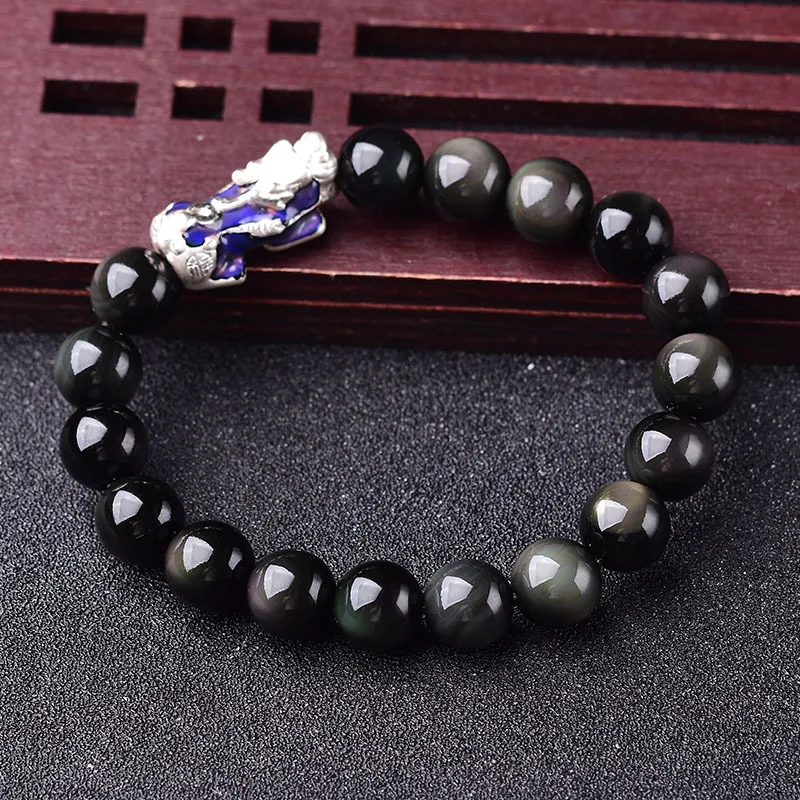 Браслет из натурального обсидиана с бусинами 999 Стерлинговое Серебро храбрые