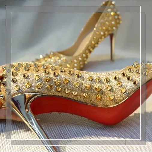 

New Luxury Women Shoes High Heel Rivets Pumps Red Bottom Pointed Studded Full Spikes Ladies Sexy Brand Wedding Shoes (with box)