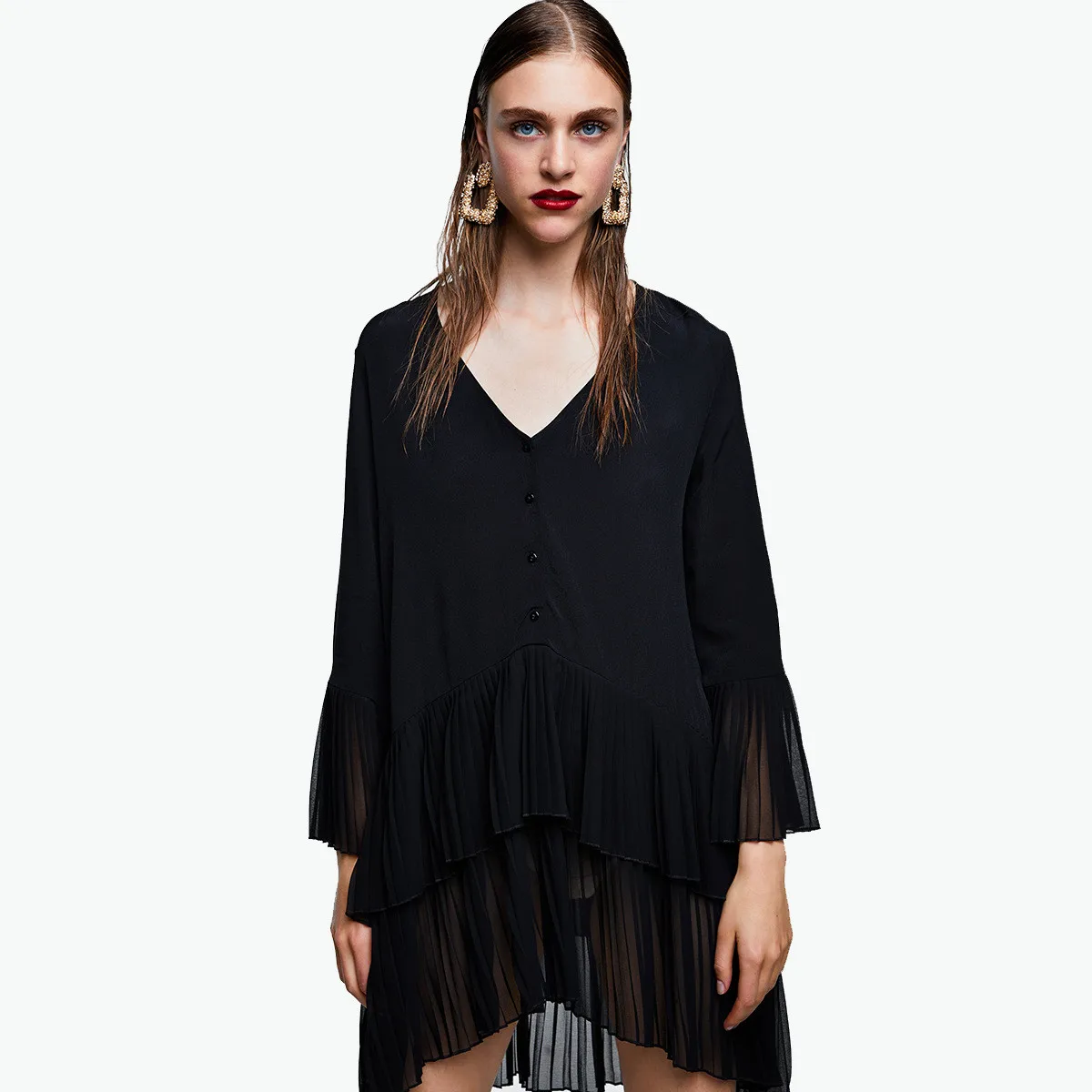 Элегантная плиссированная длинная шифоновая блузка с v образным вырезом Длинные