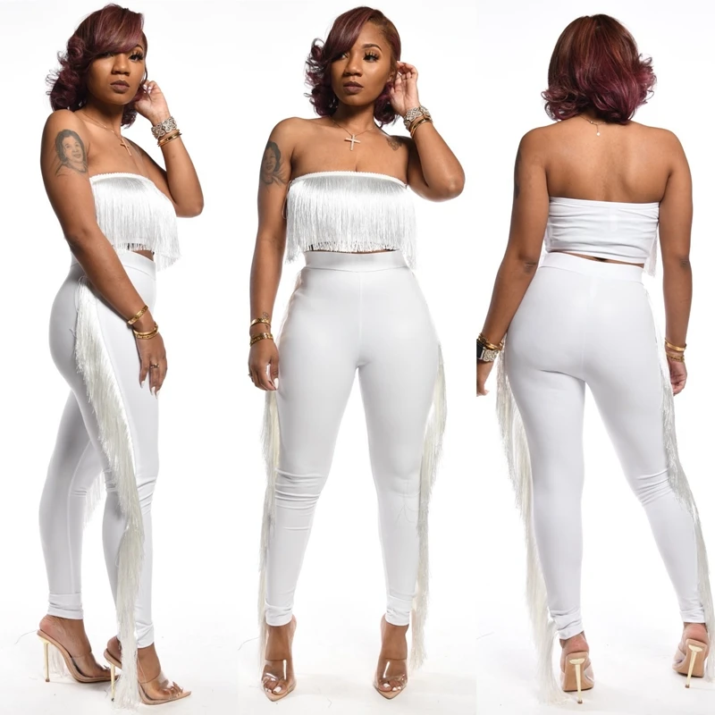 

Elegant Women Set 2 Pieces Pant Suit Sexy Club Two Piece Outfits For Woman Tassel Crop Top And Pantss Set Festival Matching Sets