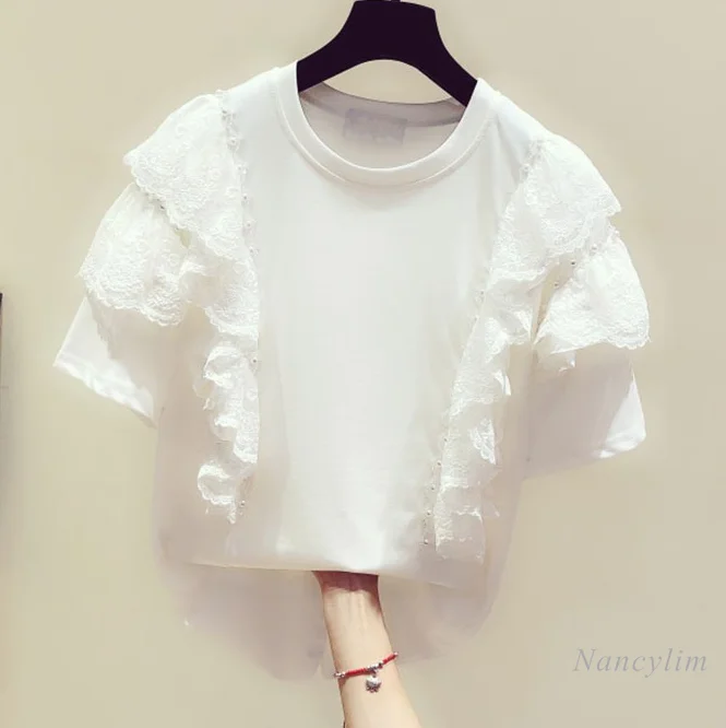 

Beads Lace Stitching Round Neck Short Sleeved T-shirt for Women 2021 Summer New Korean Style Casual Top Fashion Ladies Tees