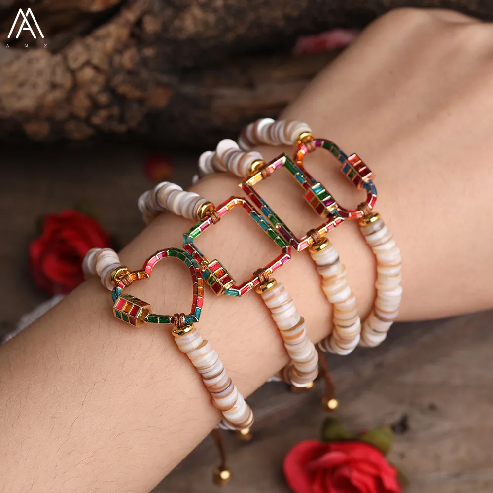 

Colorful Ziron Carabiner Lock Clasps Charms Natural White Shell Disc Heishi Beads Braided Adjustable Bracelet For Women Jewelry
