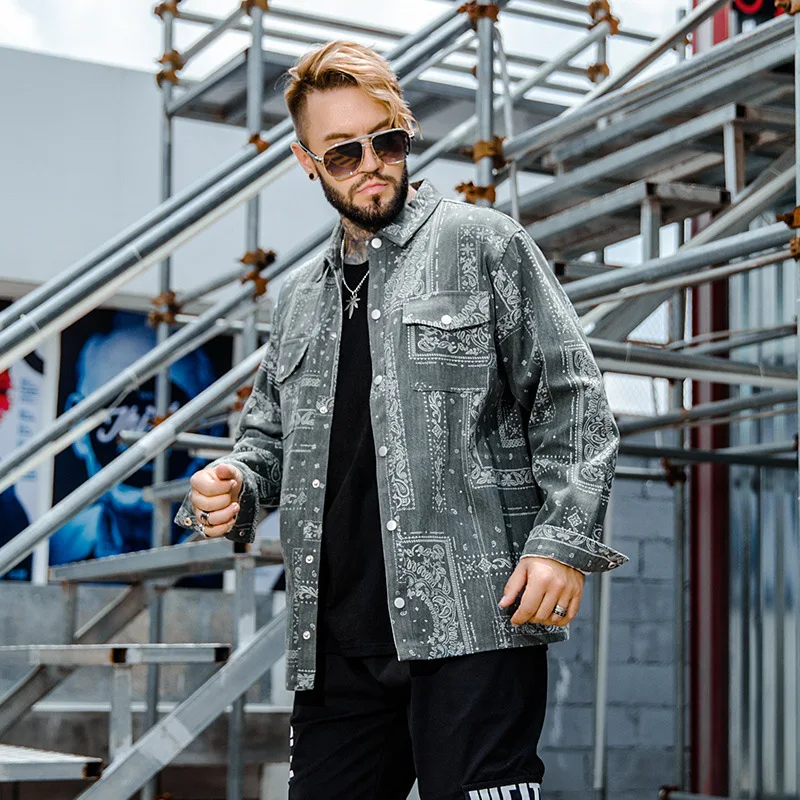 

2021 Summer Men Fashion Print Pockets Oversized Jean Shirts Male High Quality Long Sleeve Loose Casual Denim Shirts Plus Size