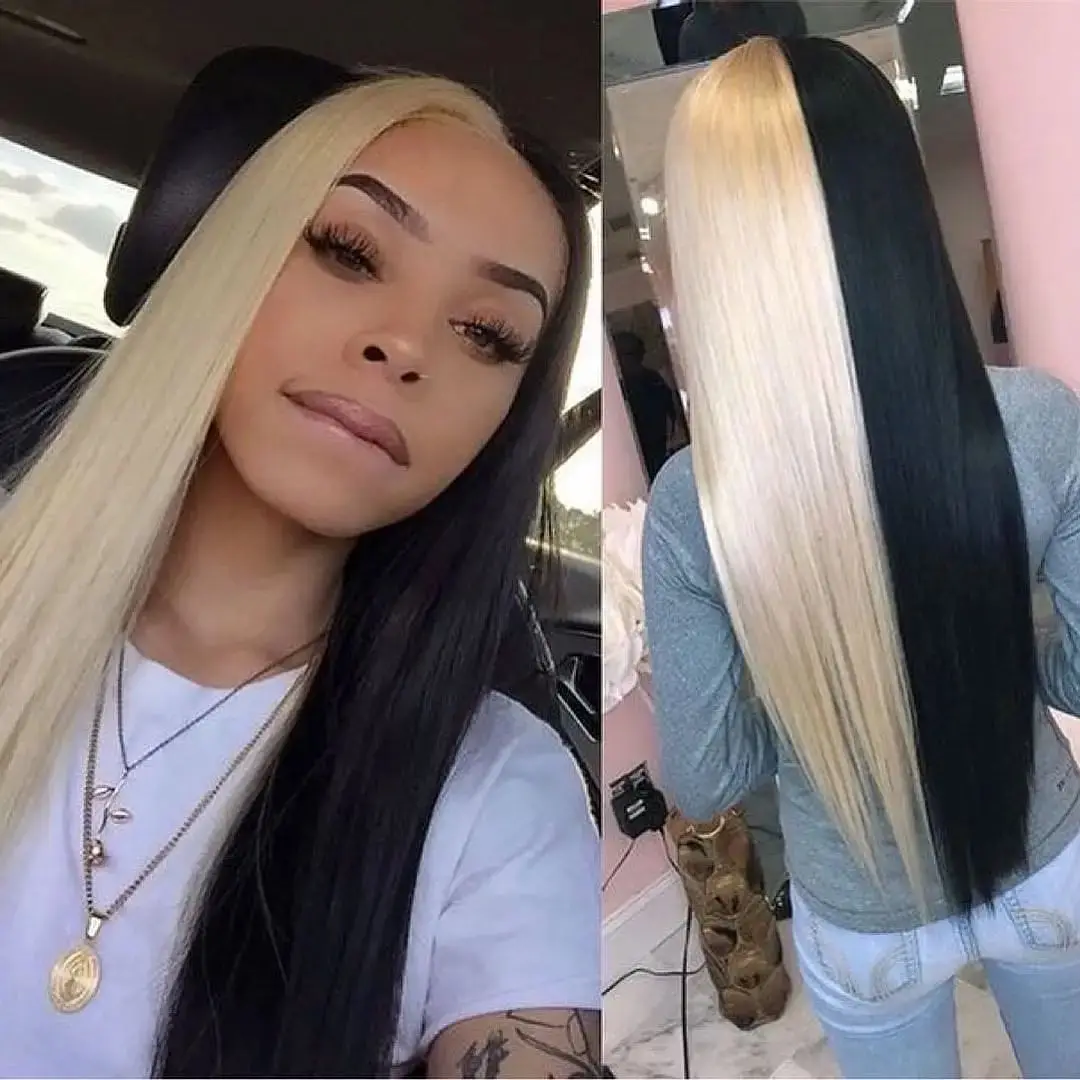 

13x4 Lace Frontal Half Black Half Blonde Colored Wig Long Straight Lace Part Wigs for Women Remy Brazilian Brown Natural Wig