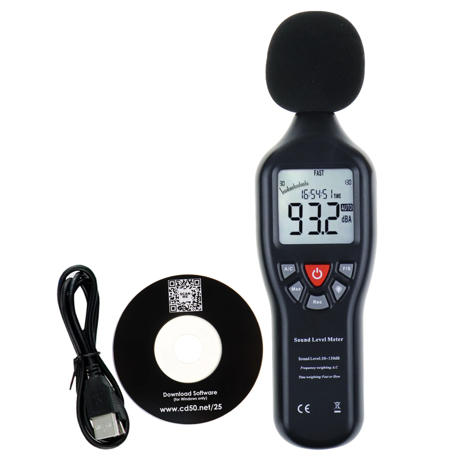 

High Accuracy Measuring 30dB-130dB with Data Record Function Sound Level Meter Backlit Display Compact Professional