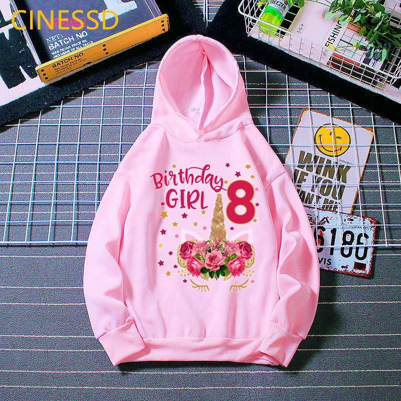 

Flower Unicorn Number 5-11th Birthday Girl Hoodies Pink Clothes Winter Children's Gift/Present Lovely Graphic Sweatshirts Custom