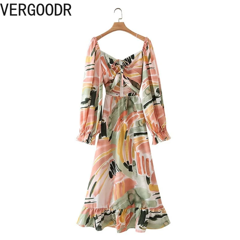 

Sexy Hollow Tie Front Evening Dress Retro Print Girl V-Neck Long-Sleeved Dresses New See-Through Mesh Slim Printed Summer 2021