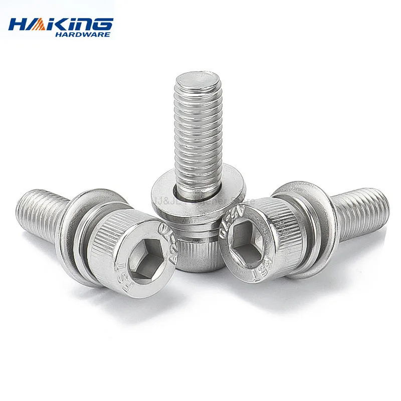 10/50pcs Hex Socket Head Cap Screw with Washer Three Sem Screw M3 M4 M5 M6 M8 Stainless Steel Metric Three Combination Thread