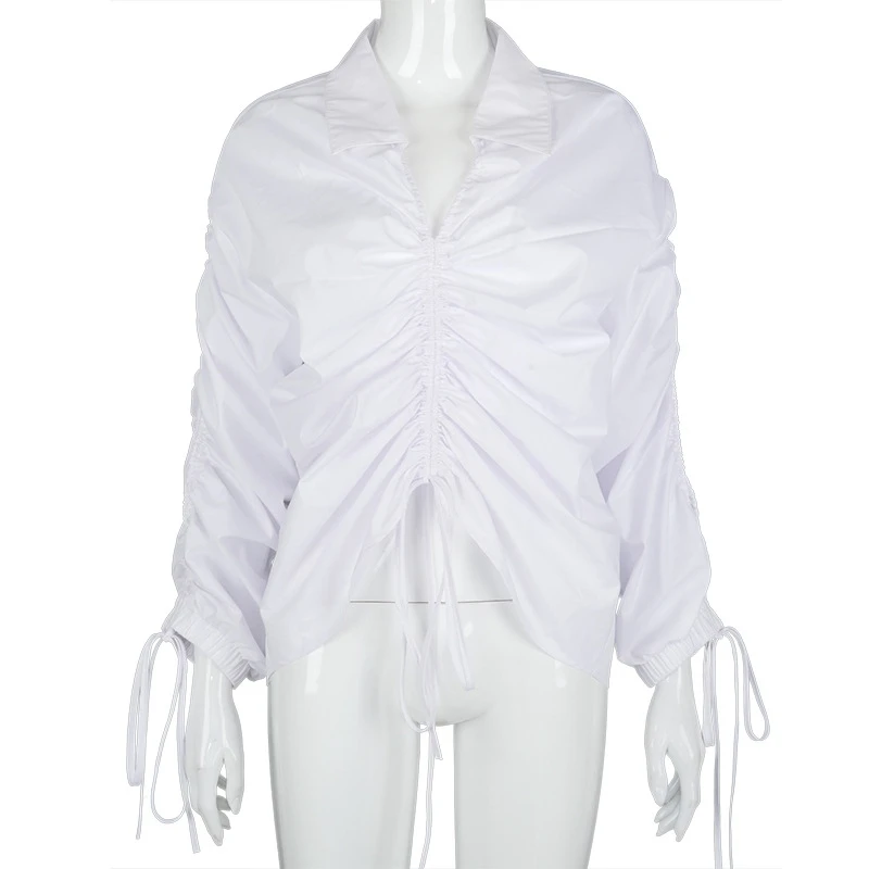 

Loose White Blouse Shirts for Women Clothes Turn-down Collar Flare Long Sleeve Shirt Autumn Elegant Ruched Oversized Shirt Tops