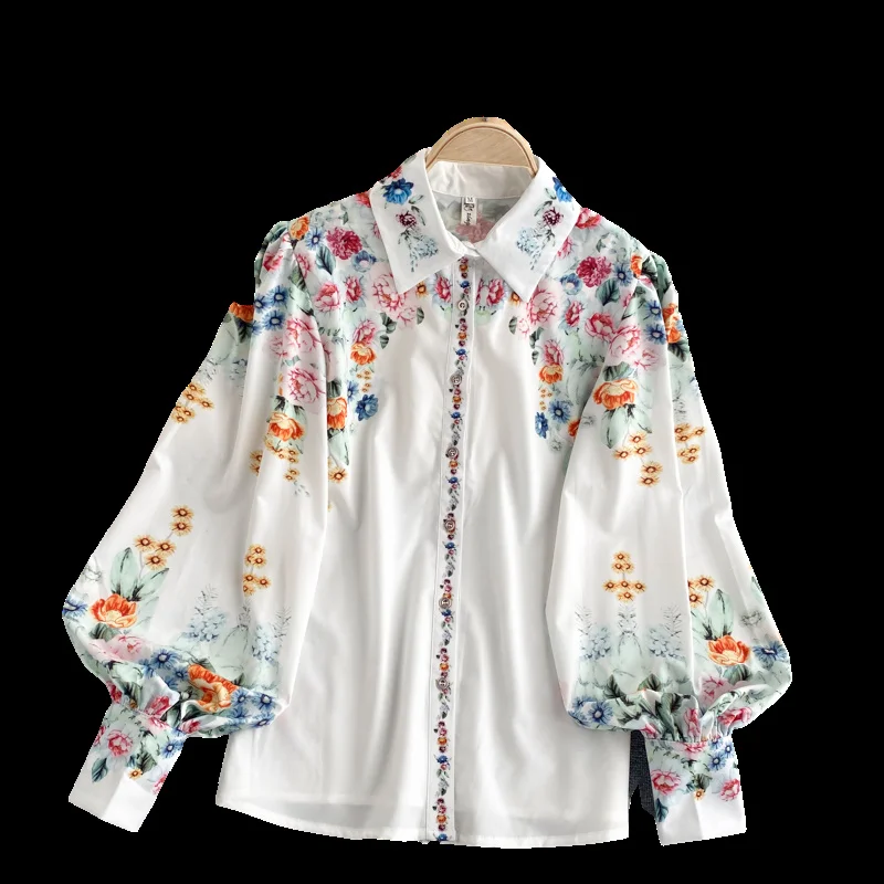 

Women Autumn 2020 New Blouse Female Printed Lantern Sleeve Turn-Down Collar Loose Versatile Temperament Ladies Shirt UK113