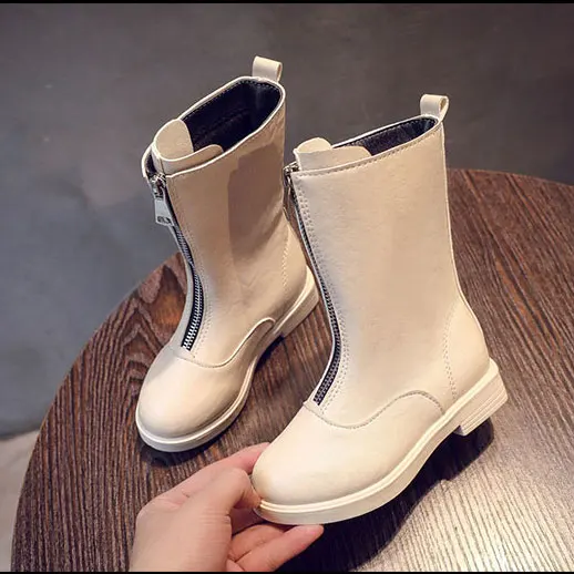 Autumn Winter Kids PU Leather Knee-High Shoes Warm Zipper White Boots Fur Ball Girls Middle Calf Boots