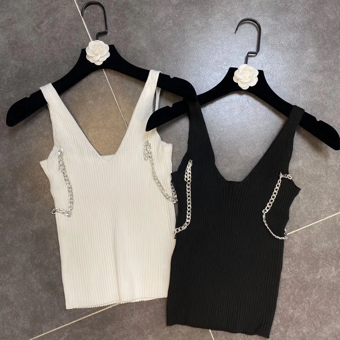 

Knitted Tank Top for Women 2020 Summer Double-Shoulder Strap Chain Decoration Sexy Deep V-neck Elastic Knitted Vest Shirt Tops