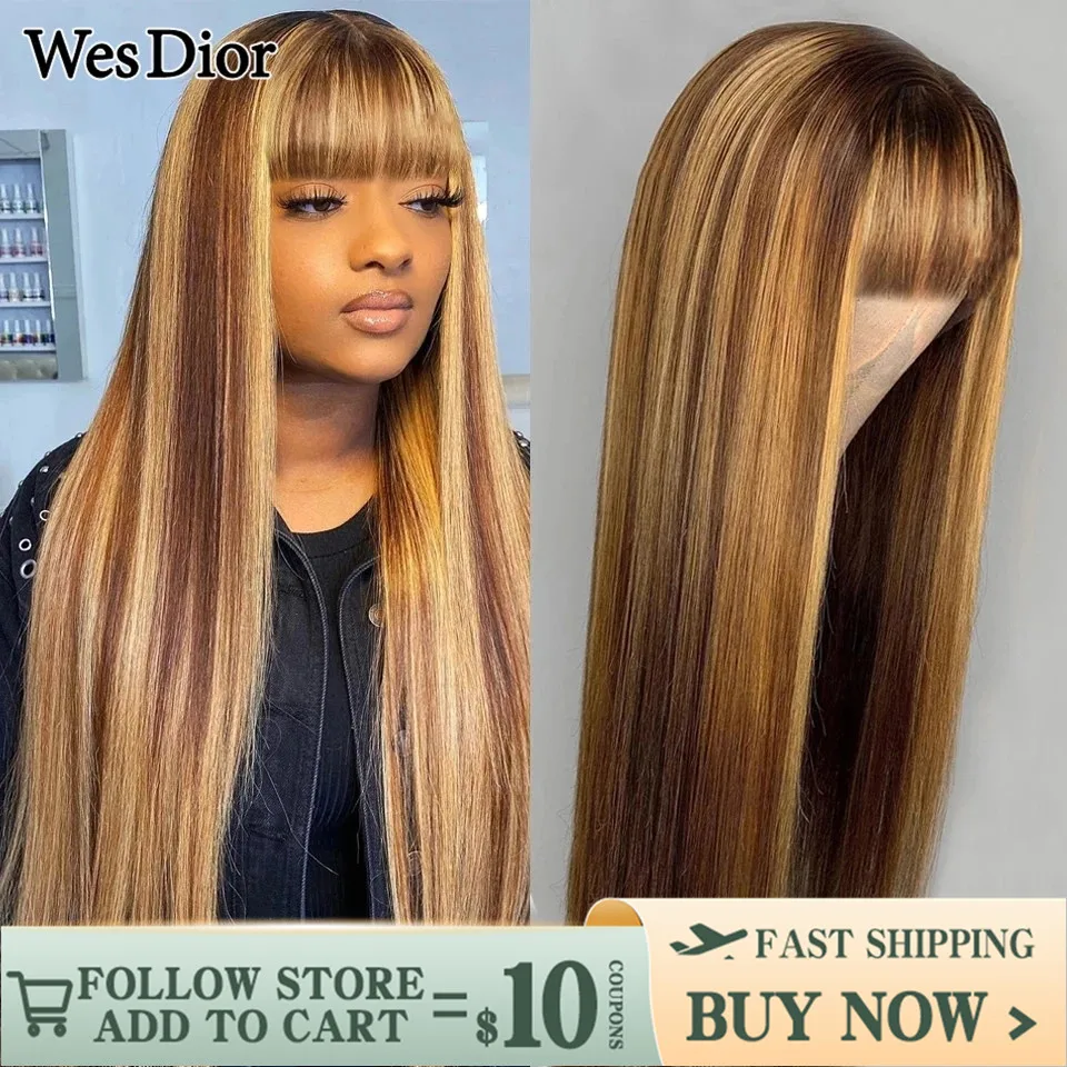 Ombre Straight Wig With Bangs Brazilian Honey Blonde Highlight Full Machine Made Human Hair Wigs For Women Density 180 Glueless