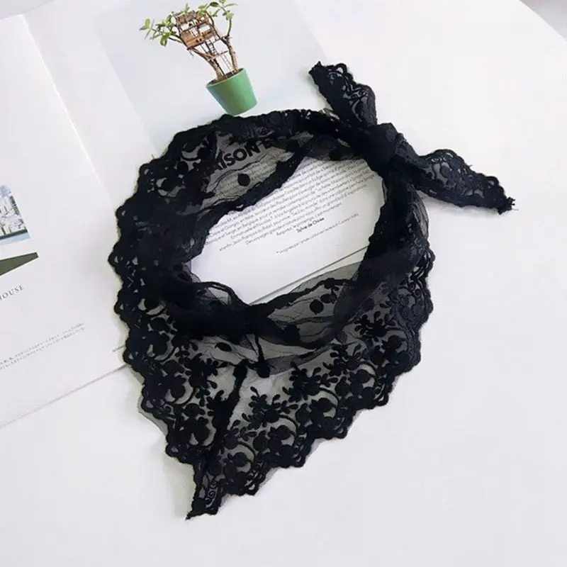 

23GD Womens Crochet Embroidered Floral Lace Triangle Neck Scarf Solid Color Polka Dot Bandana Kerchief Hair Tie Vintage Wrist