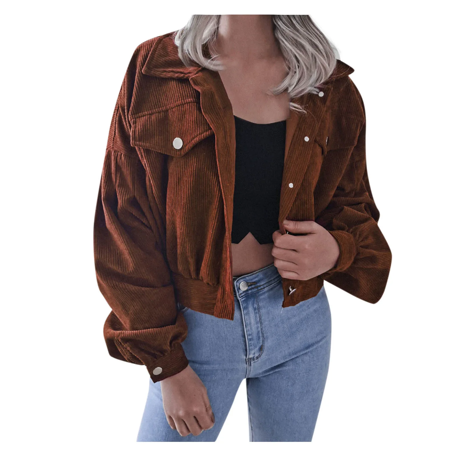

Ladies Corduroy Retro Coat Solid Color Lapel Fashion Loose Cardigan Long Sleeve Casual Pocket Short Jacket Coat
