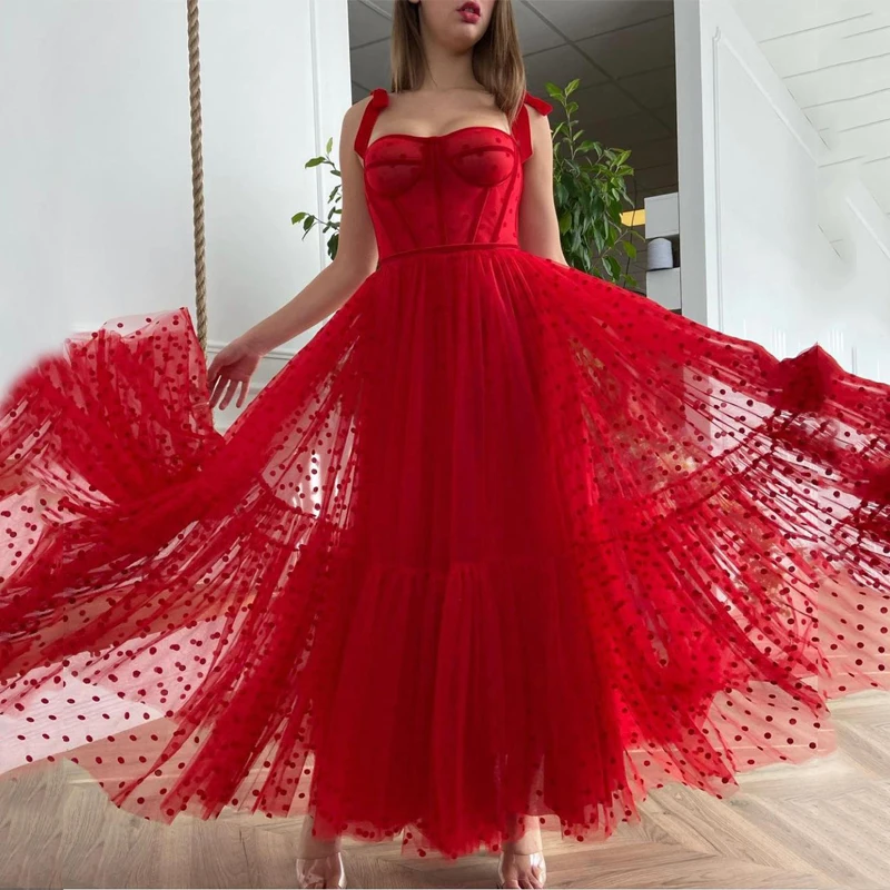 

Милое Платье на бретельках с бантом, плиссированное красное платье длиной ниже колена для выпускного вечера, ТРАПЕЦИЕВИДНОЕ Тюлевое вечернее платье