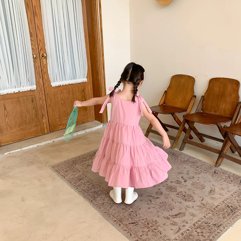 

Girls Casual Cake Dresses 2021 New Summer Girl Kids Solid Sling Costumes Korean Fashion Children Patchwork Clothing 2-6Y