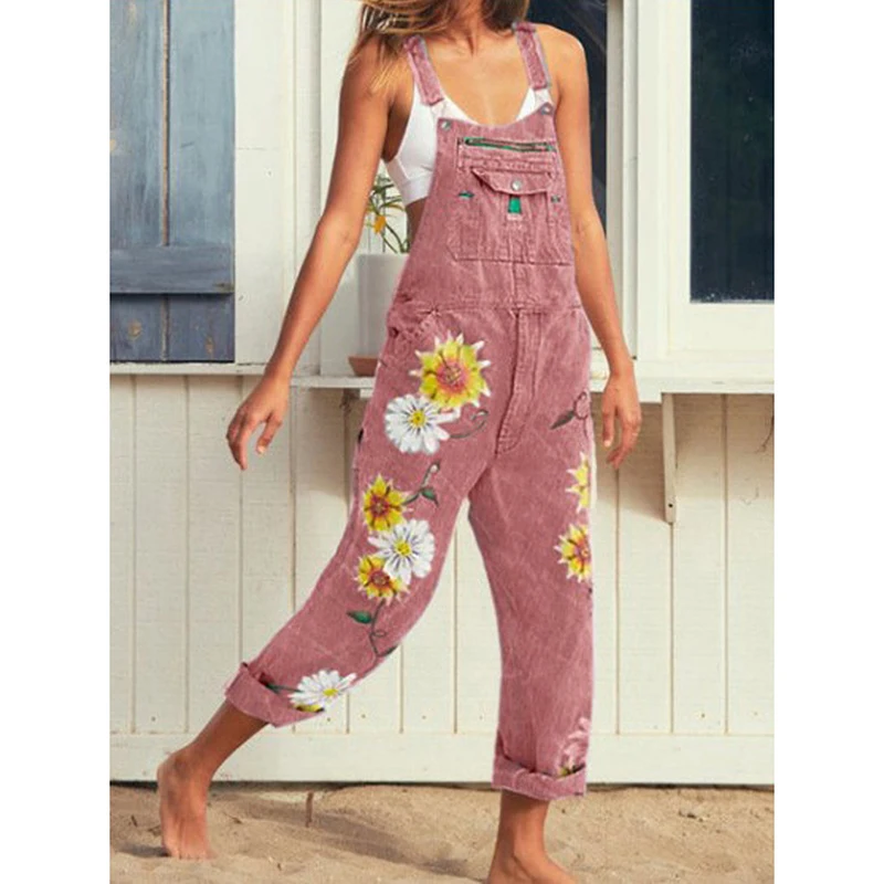 

Fashion street trend breathable wear-resistant painted pattern ladies printed suspenders mid-waist jeans new overalls