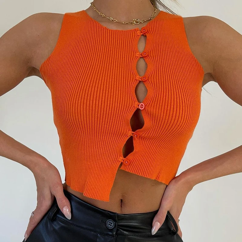 Y-L Fashion O-Neck Ribbed Sleeveless Single-Breasted Button Skinny Crop Tops Women Casual Solid Wild Vest Outdoor Street Clothes