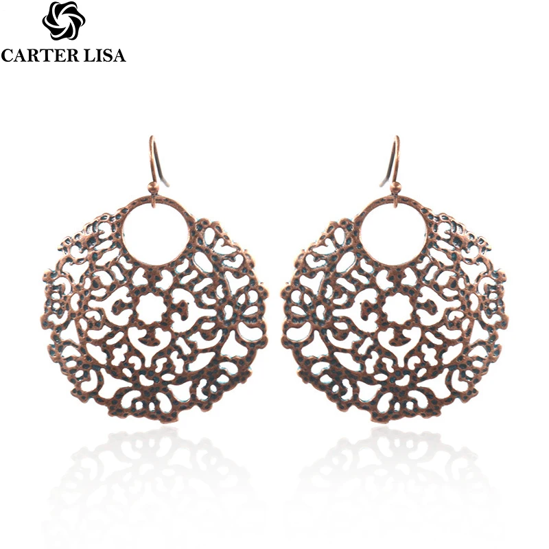Винтажные богемные серьги CARTER LISA Bijoux бронзовые круглые полые металлические с