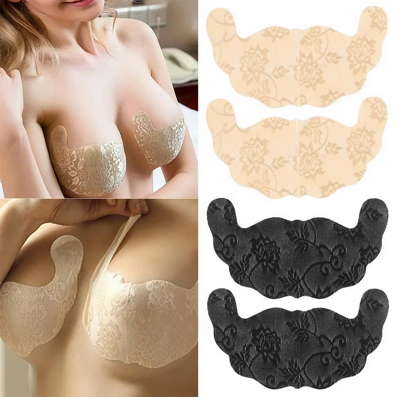 

Women Large Size Blackless Solid Bra Self Adhesive Bra Strapless Lace Stick Gel Push Up Bra Female Underwear Bikini Wear
