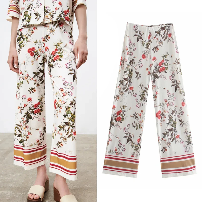 

Женские брюки с широкими штанинами TRAF Za, винтажные брюки оверсайз с высокой талией, лето брюки с цветочным рисунком, 2021