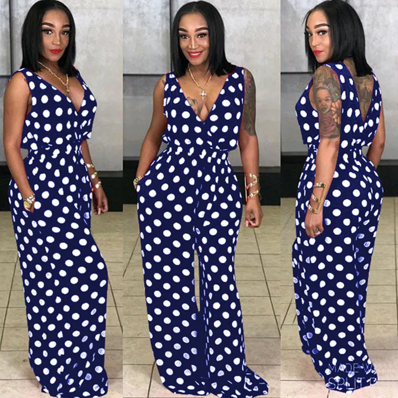 

New Polka Dot Loose Wide Leg Jumpsuit Summer Overalls Women Deep-V Neck Sleevelss Casual Rompers Sexy Backless Elegant Jumpsuits